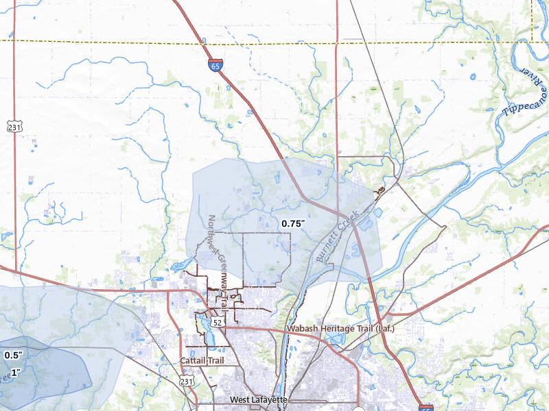 NEXRAD radar-signature map of the hail over West Lafayette, IN