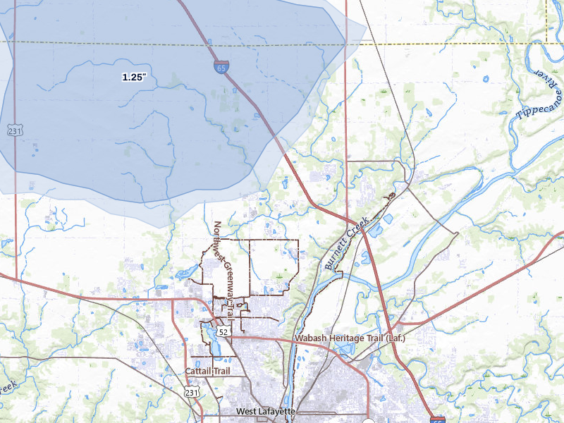 NEXRAD radar-signature map of the hail storm over West Lafayette, IN on Jun 5, 2026