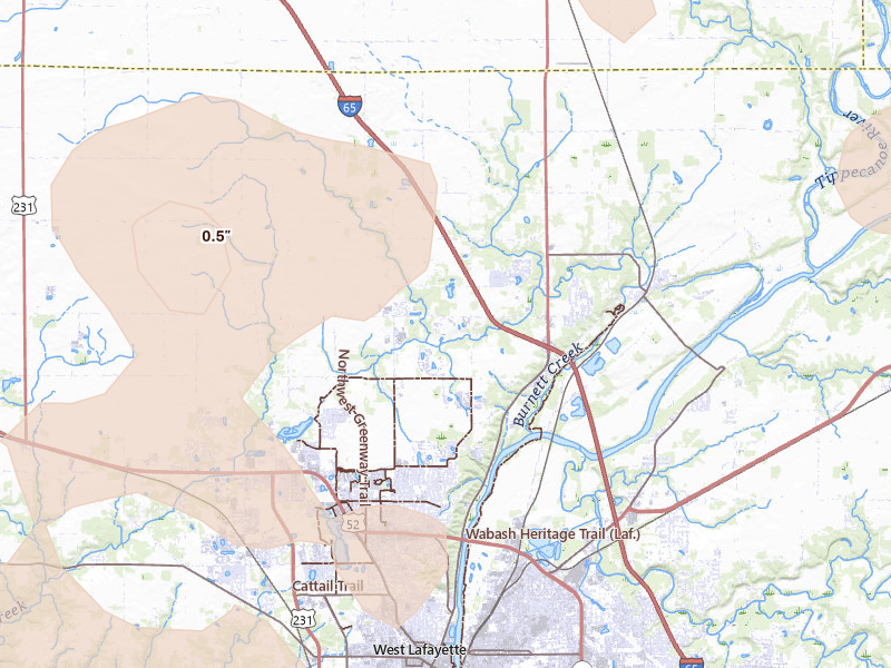 Radar-estimated hail-size map of the storm over West Lafayette, IN on Jun 6, 2026