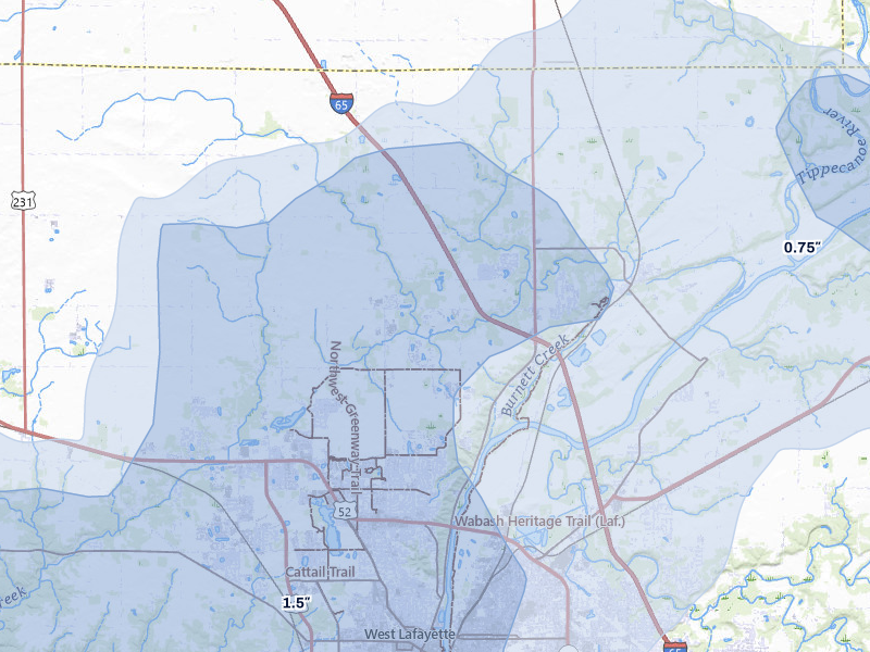NEXRAD radar-signature map of the hail storm over West Lafayette, IN on Jun 6, 2026