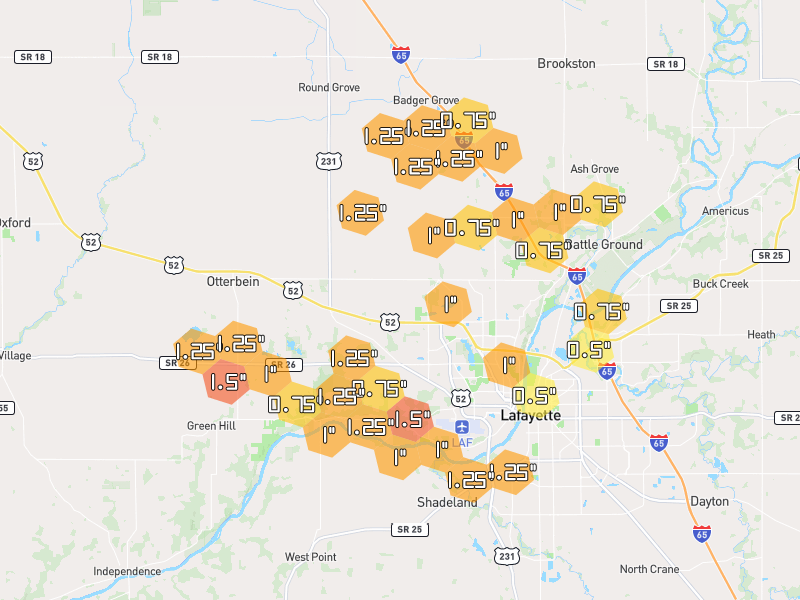 Hail map of West Lafayette, IN on Jun 6, 2026, hail up to 1.5"