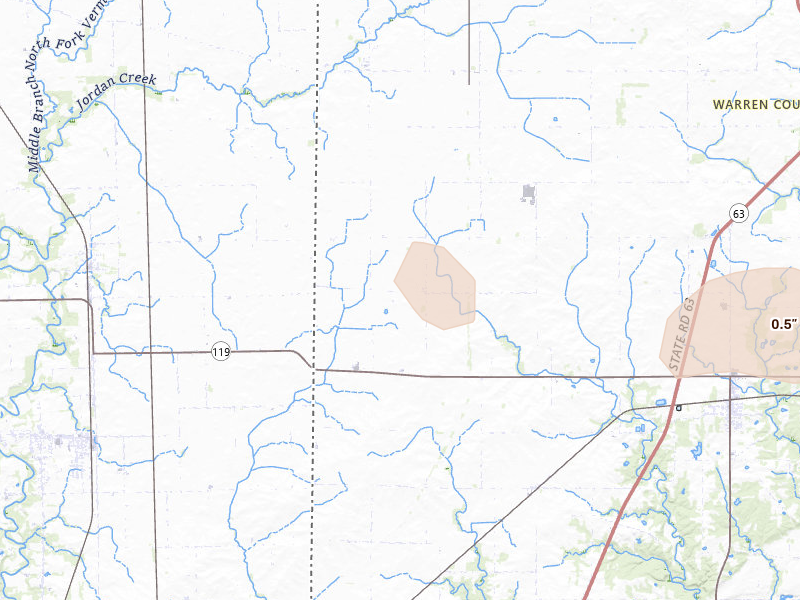 Radar-estimated hail-size map of the storm over West Lebanon, IN on Mar 26, 2026