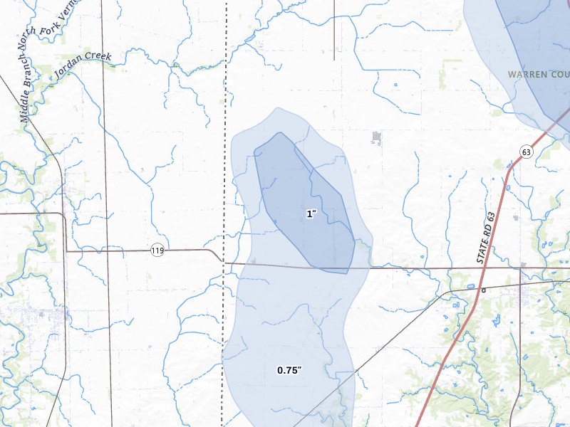 NEXRAD radar-signature map of the hail storm over West Lebanon, IN on Jun 6, 2026