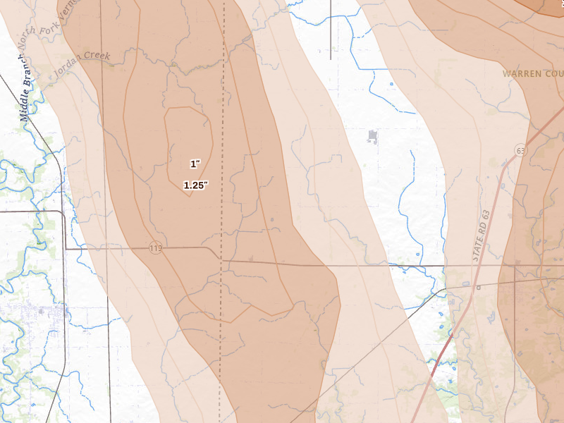 Radar-estimated hail-size map of the storm over West Lebanon, IN on Jul 27, 2026
