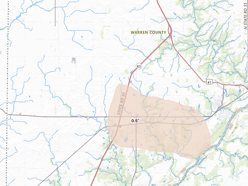 Radar-estimated hail-size map of the storm over West Lebanon, IN on Aug 13, 2026