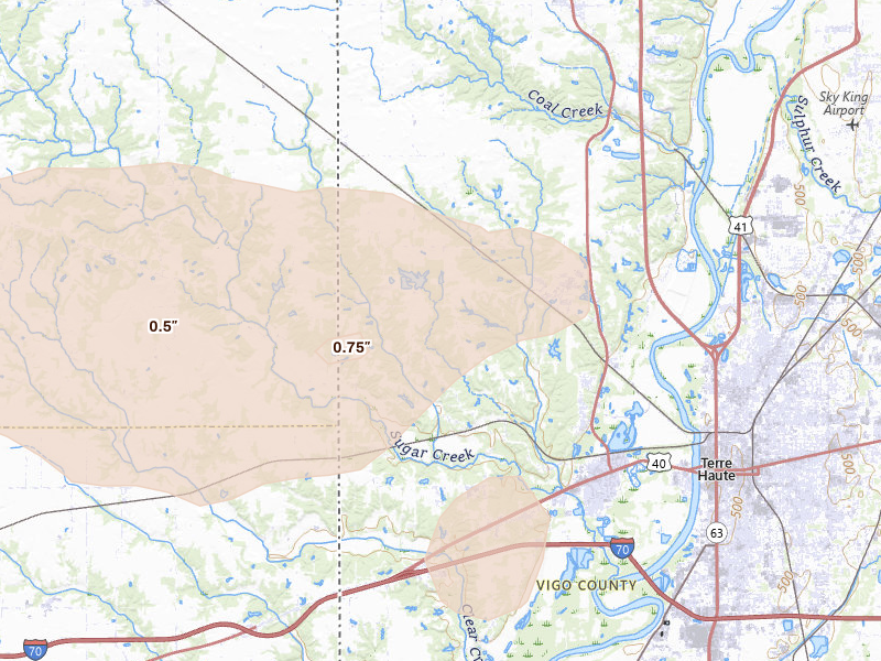 Radar-estimated hail-size map of the storm over West Terre Haute, IN on Jun 9, 2026