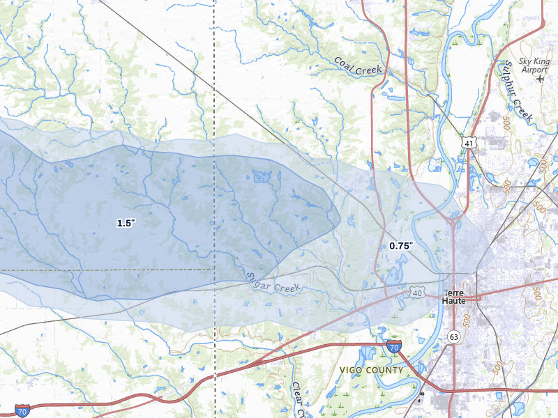 NEXRAD radar-signature map of the hail storm over West Terre Haute, IN on Jun 9, 2026