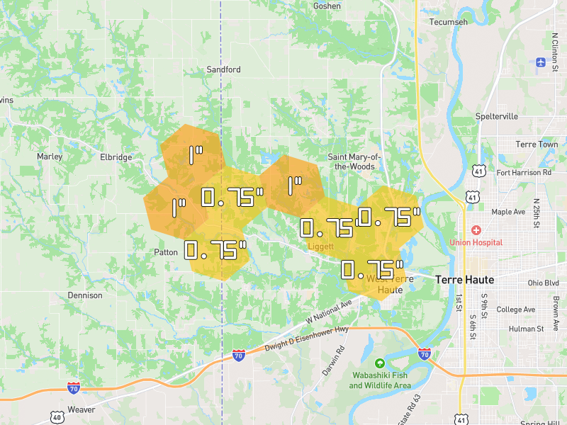 Hail map of West Terre Haute, IN on Jun 9, 2026, hail up to 1"
