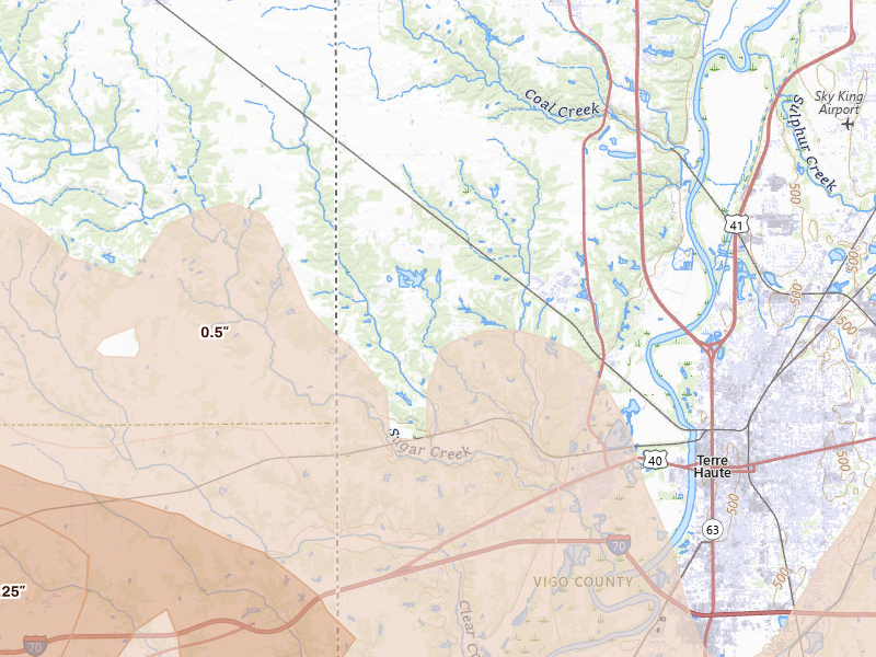 Radar-estimated hail-size map of the storm over West Terre Haute, IN on Jun 17, 2026