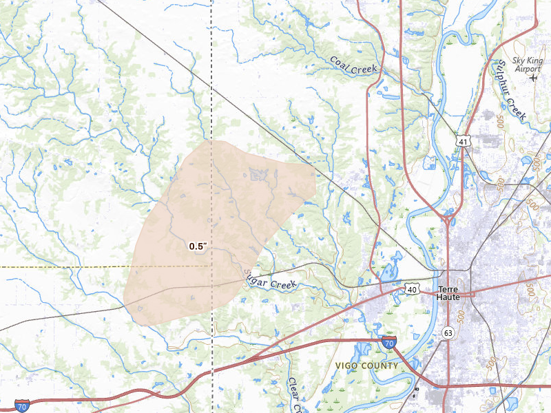 Radar-estimated hail-size map of the storm over West Terre Haute, IN on Jul 4, 2026