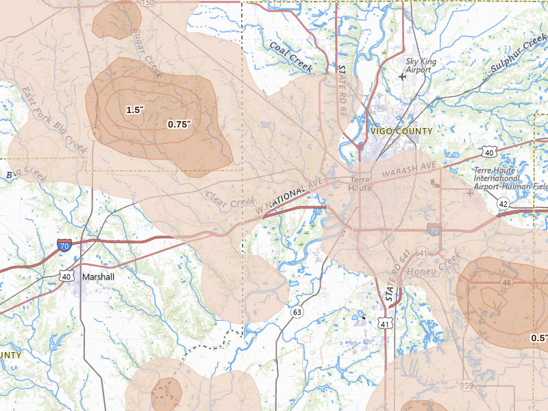 Radar-estimated hail-size map of the storm over West Terre Haute, IN on Aug 11, 2026