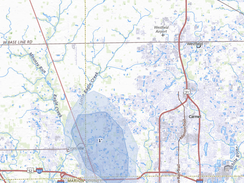 NEXRAD radar-signature map of the hail storm over Westfield, IN on Jun 7, 2026