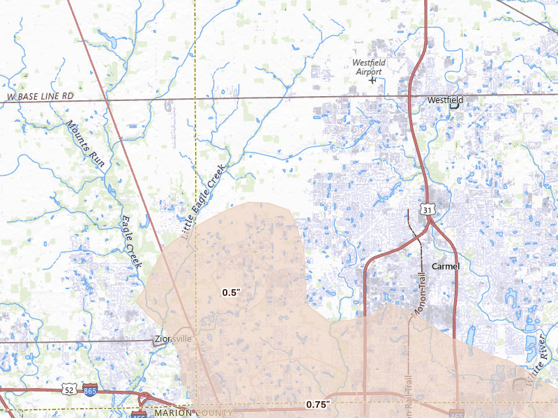 Radar-estimated hail-size map of the storm over Westfield, IN on Jul 27, 2026