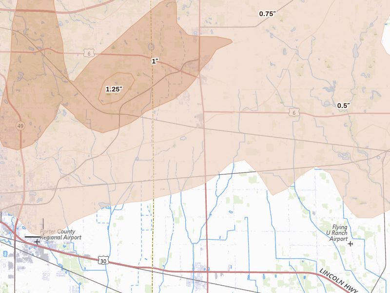 Radar-estimated hail-size map of the storm over Westville, IN on Mar 10, 2026