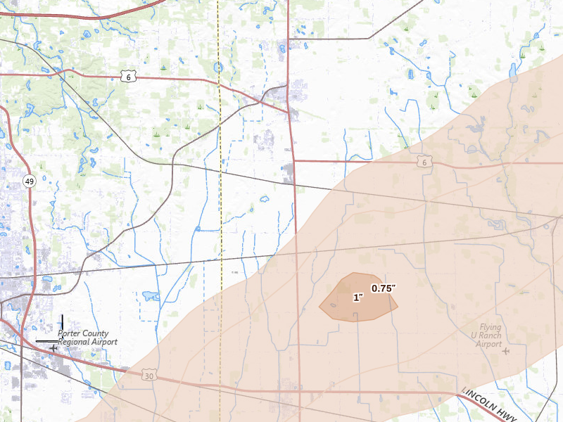 Radar-estimated hail-size map of the storm over Westville, IN on Jun 11, 2026