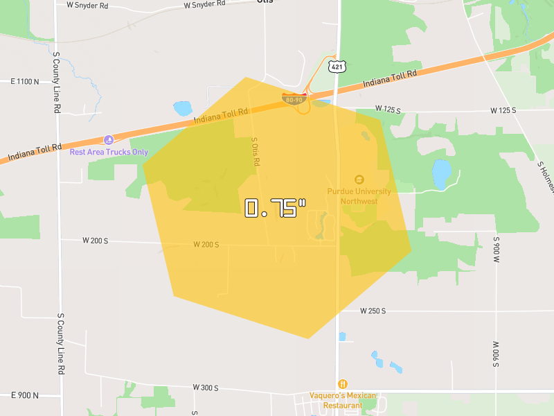 Hail map of Westville, IN on Jul 2, 2026, hail up to 0.75"