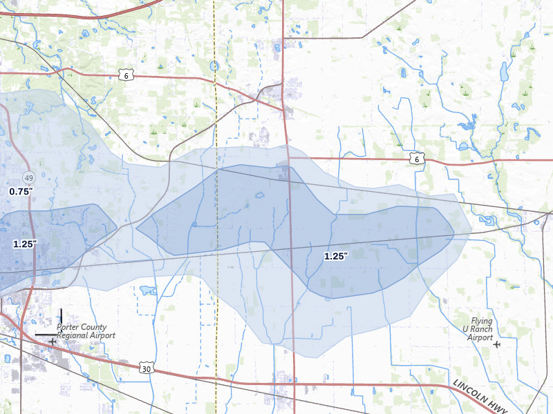 NEXRAD radar-signature map of the hail storm over Westville, IN on Jul 20, 2026