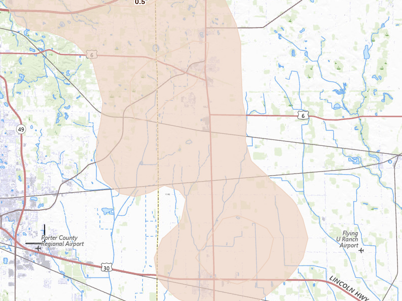 Radar-estimated hail-size map of the storm over Westville, IN on Jul 27, 2026