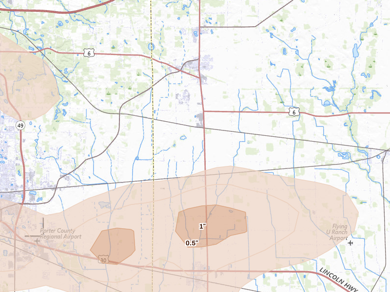 Radar-estimated hail-size map of the storm over Westville, IN on Aug 11, 2026