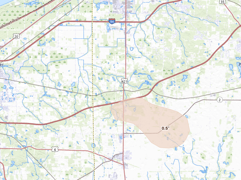 Radar-estimated hail-size map of the storm over Westville, IN on Aug 12, 2026