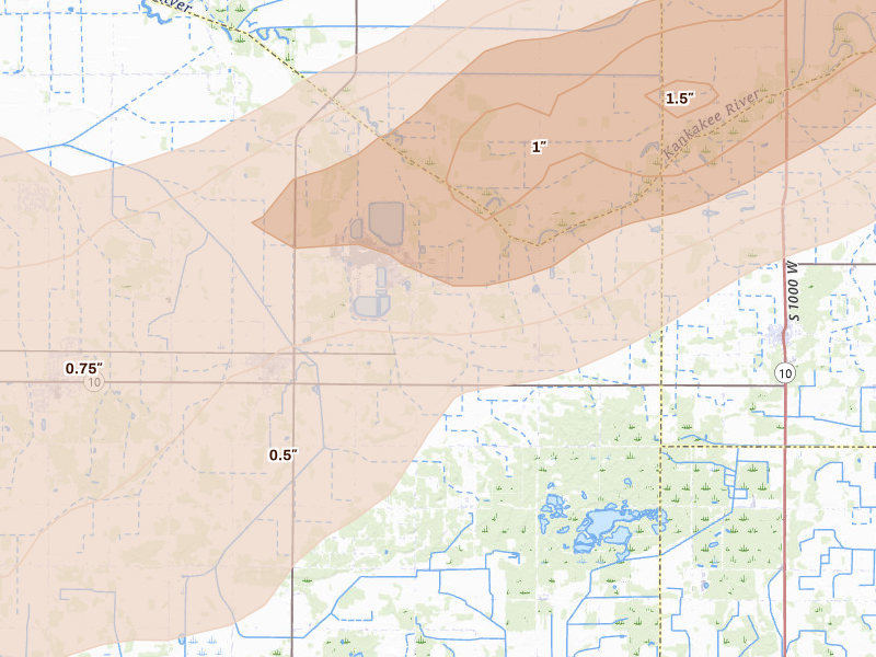 Radar-estimated hail-size map of the storm over Wheatfield, IN on Mar 10, 2026