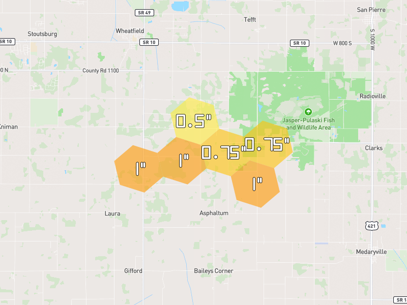Hail map of Wheatfield, IN on Jun 9, 2026, hail up to 1"
