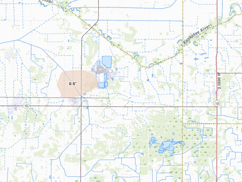 Radar-estimated hail-size map of the storm over Wheatfield, IN on Jul 9, 2026