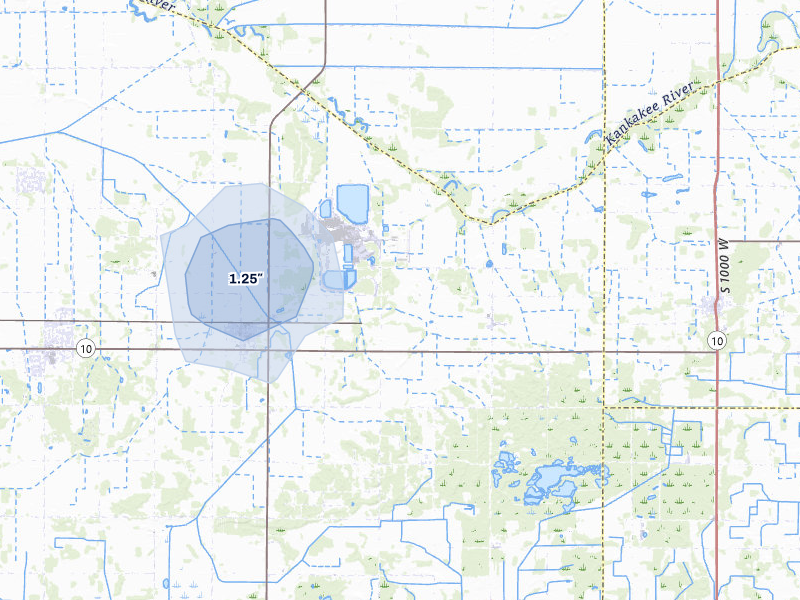 NEXRAD radar-signature map of the hail storm over Wheatfield, IN on Jul 9, 2026