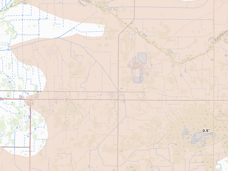 Radar-estimated hail-size map of the storm over Wheatfield, IN on Aug 10, 2026
