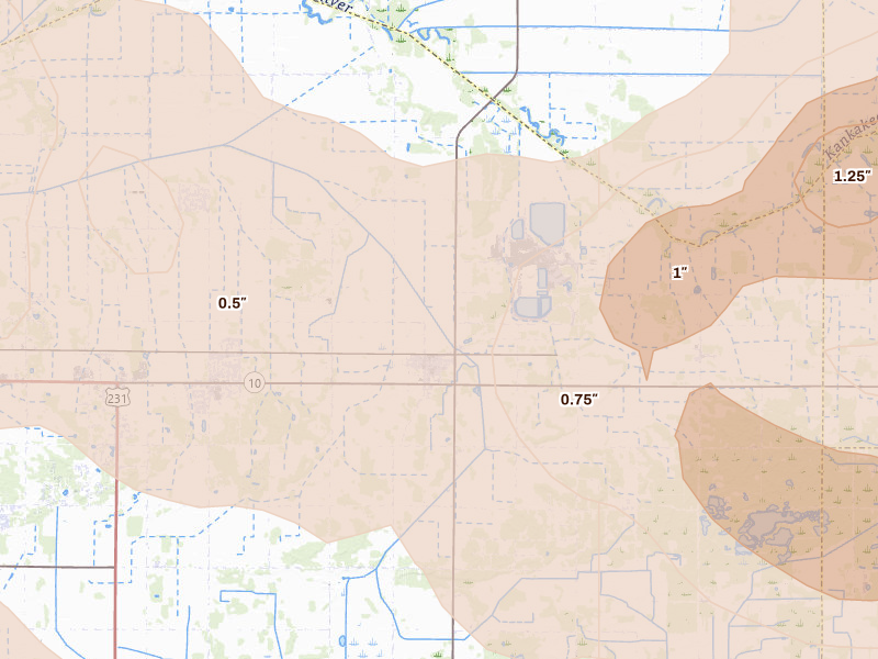 Radar-estimated hail-size map of the storm over Wheatfield, IN on Aug 11, 2026