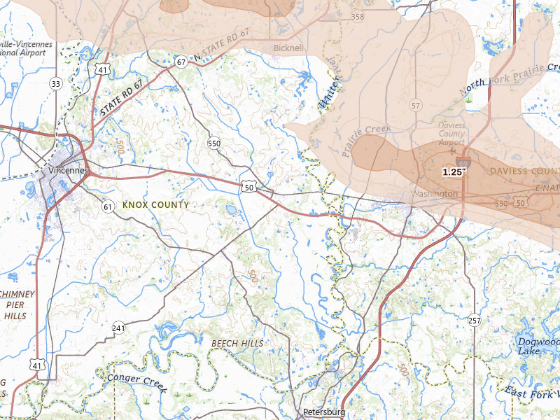 Radar-estimated hail-size map of the storm over Wheatland, IN on Mar 22, 2026