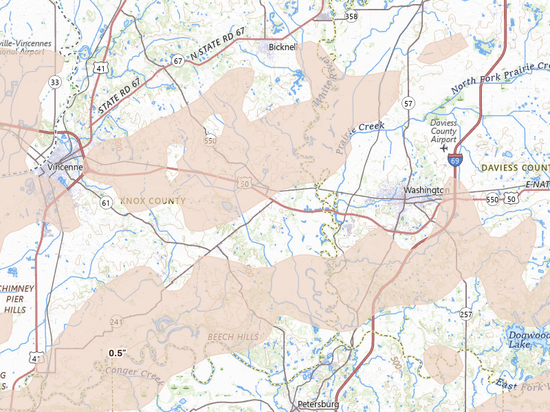 Radar-estimated hail-size map of the storm over Wheatland, IN on Apr 27, 2026