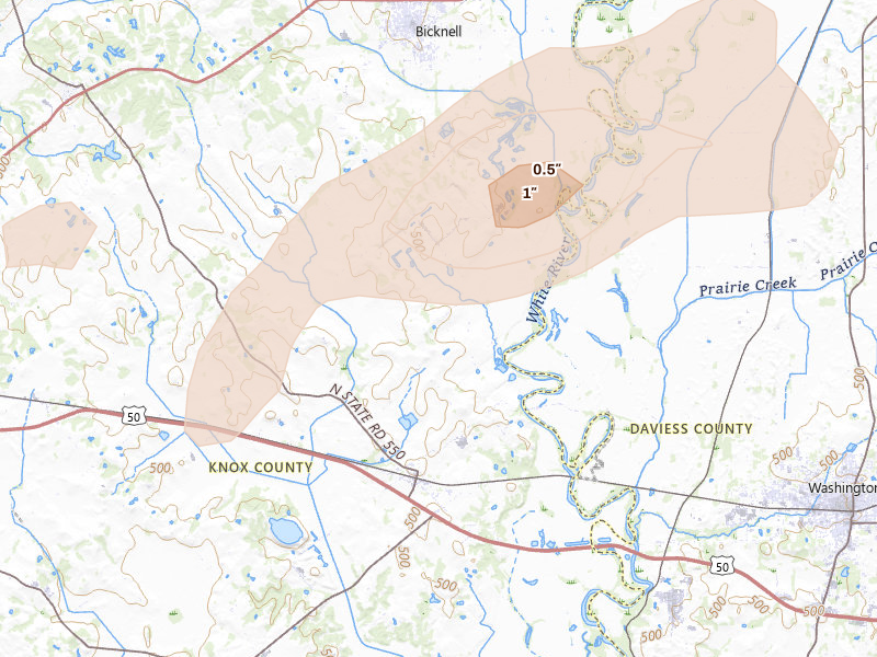 Radar-estimated hail-size map of the storm over Wheatland, IN on May 19, 2026