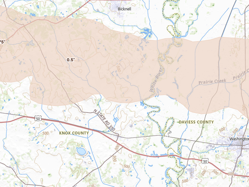 Radar-estimated hail-size map of the storm over Wheatland, IN on Jun 17, 2026