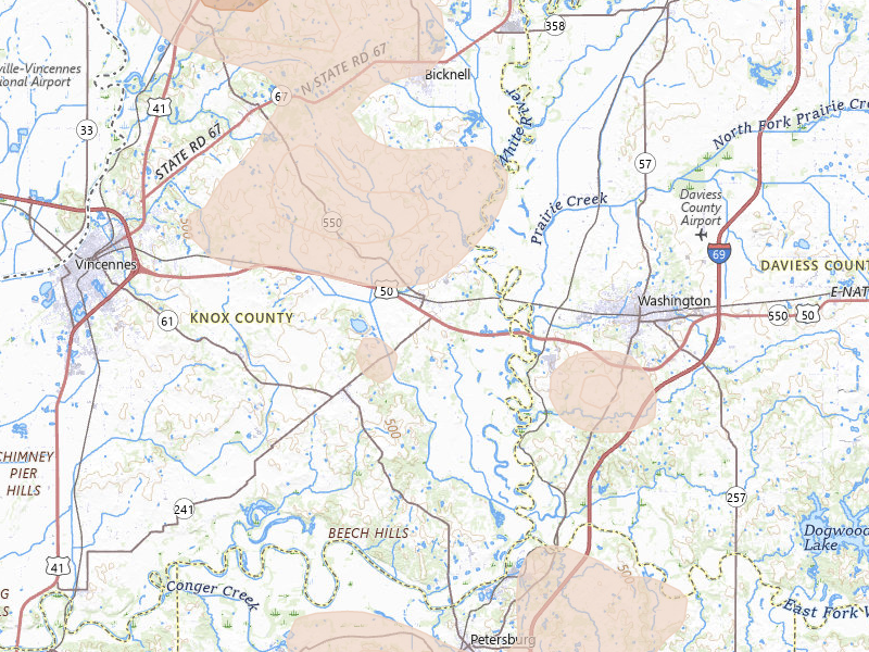 Radar-estimated hail-size map of the storm over Wheatland, IN on Aug 12, 2026
