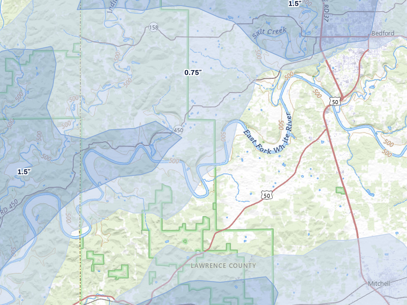 NEXRAD radar-signature map of the hail over Williams, IN