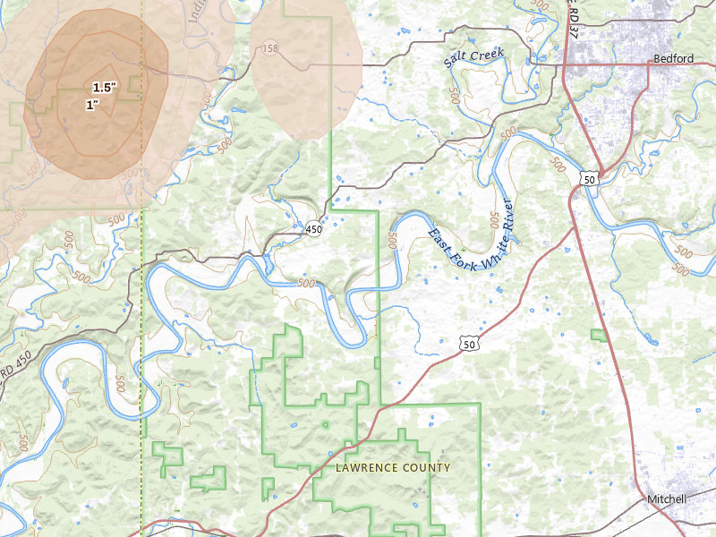 Radar-estimated hail-size map of the storm over Williams, IN on Jul 3, 2026
