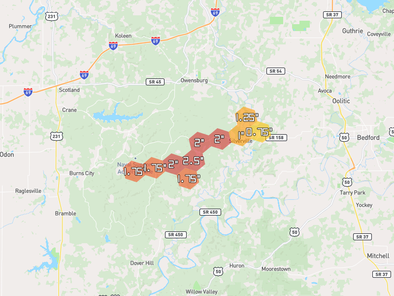 Hail map of Williams, IN on Jul 3, 2026, hail up to 2.5"