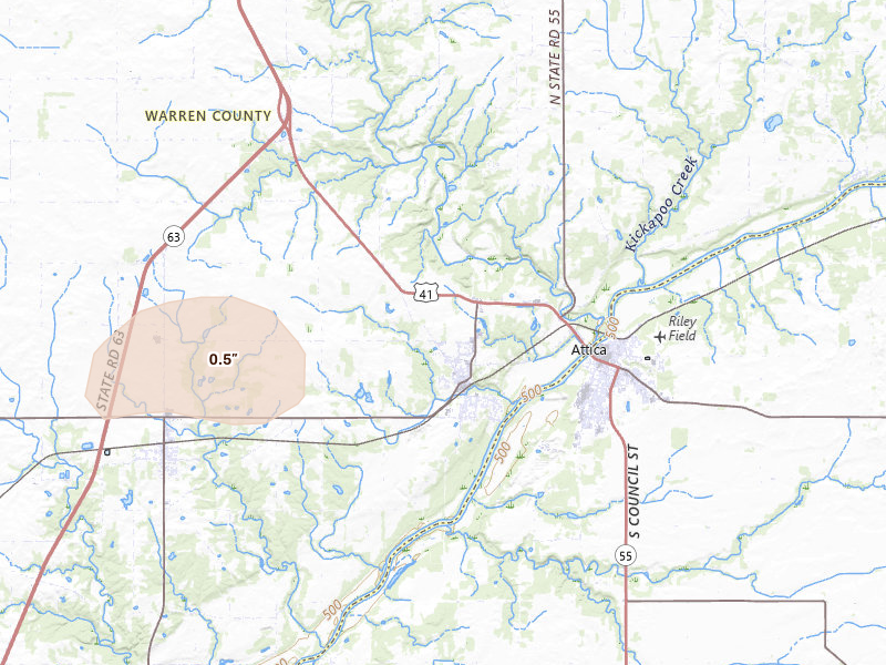 Radar-estimated hail-size map of the storm over Williamsport, IN on Mar 26, 2026