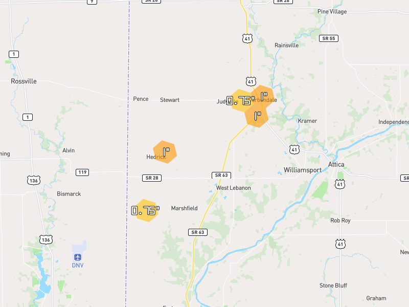 Hail map of Williamsport, IN on Jun 6, 2026, hail up to 1"