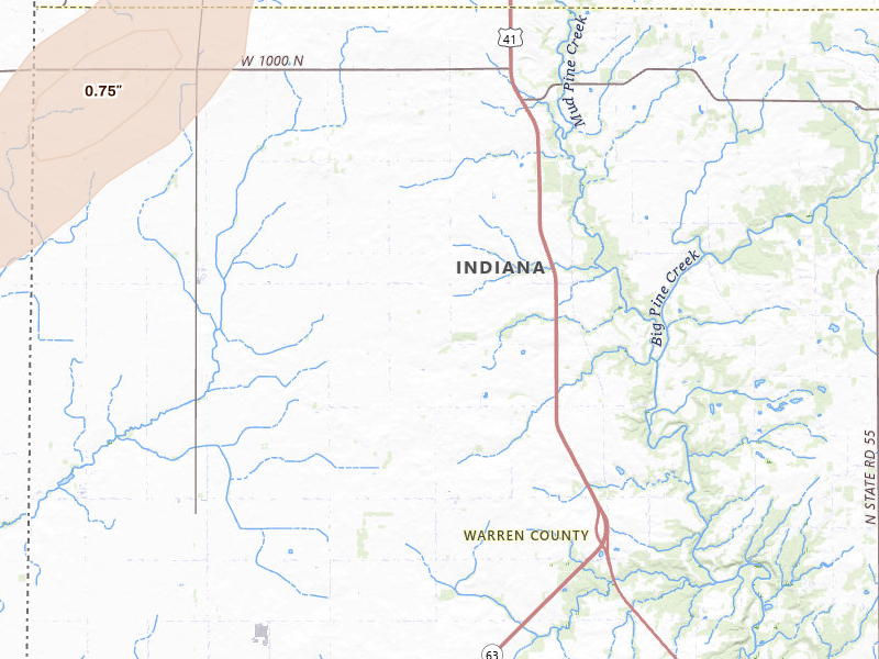 Radar-estimated hail-size map of the storm over Williamsport, IN on Jul 3, 2026
