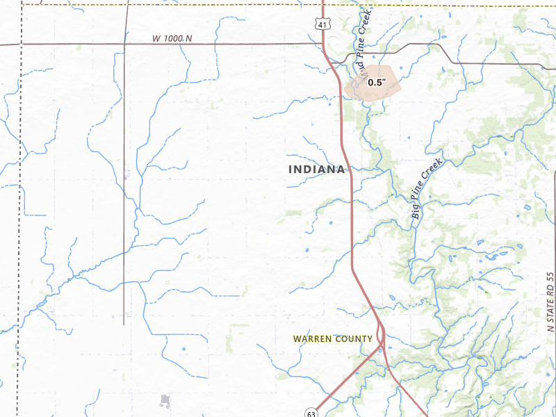 Radar-estimated hail-size map of the storm over Williamsport, IN on Jul 10, 2026