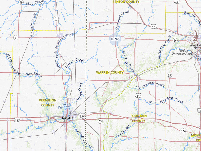 NEXRAD radar-signature map of the hail storm over Williamsport, IN on Jul 10, 2026