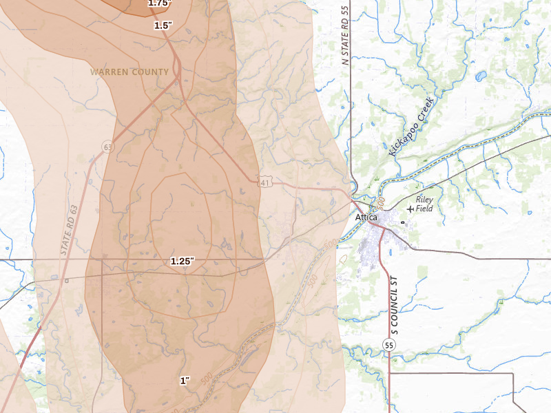 Radar-estimated hail-size map of the storm over Williamsport, IN on Jul 27, 2026