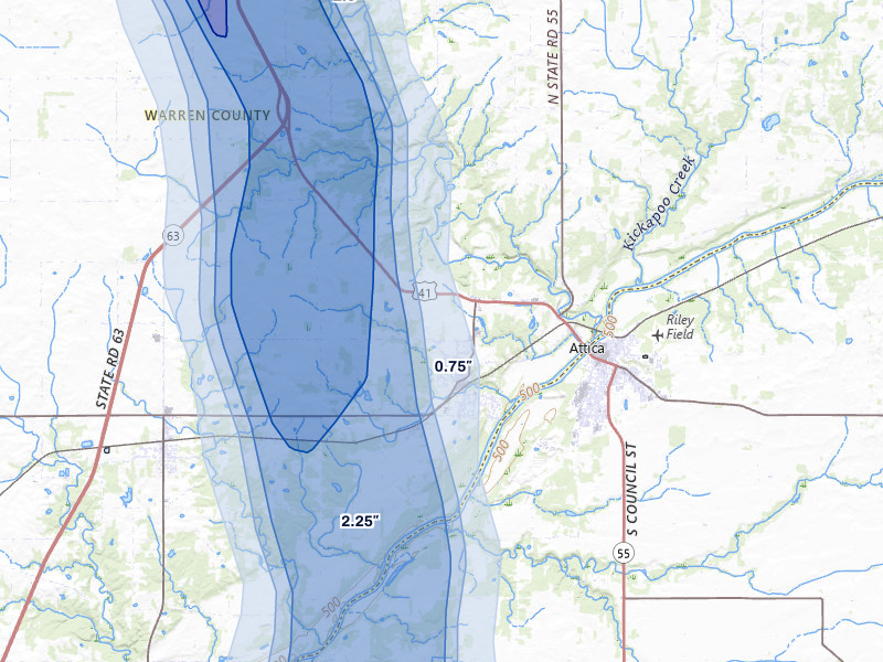 NEXRAD radar-signature map of the hail storm over Williamsport, IN on Jul 27, 2026