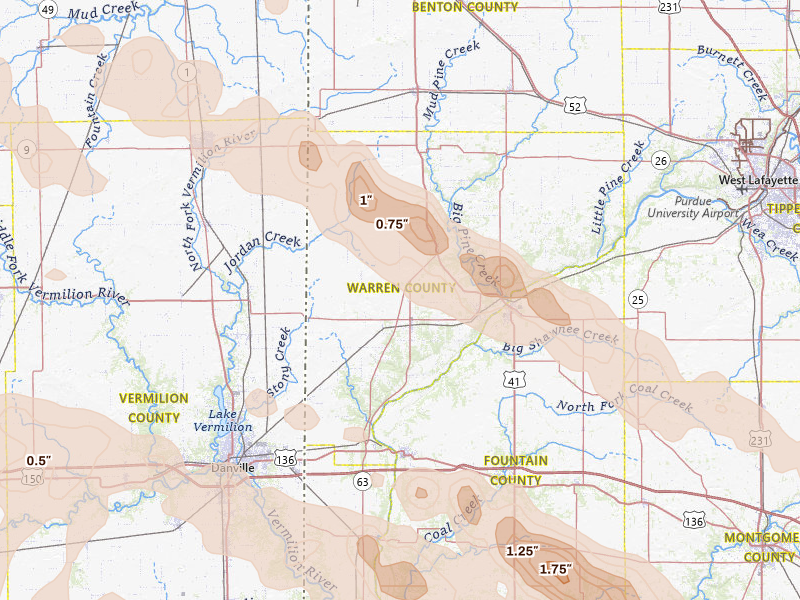 Radar-estimated hail-size map of the storm over Williamsport, IN on Aug 11, 2026