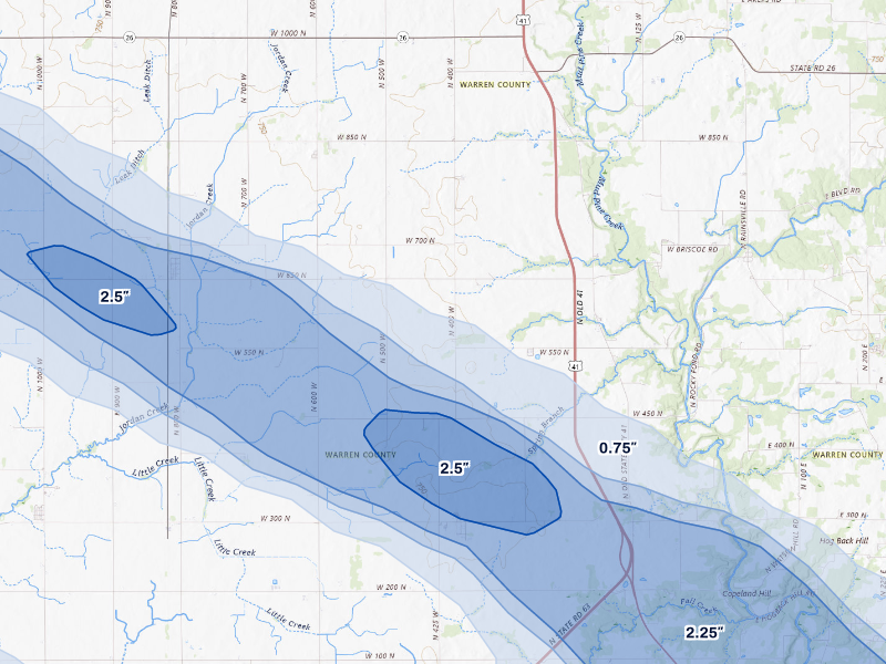NEXRAD radar-signature map of the hail storm over Williamsport, IN on Aug 11, 2026