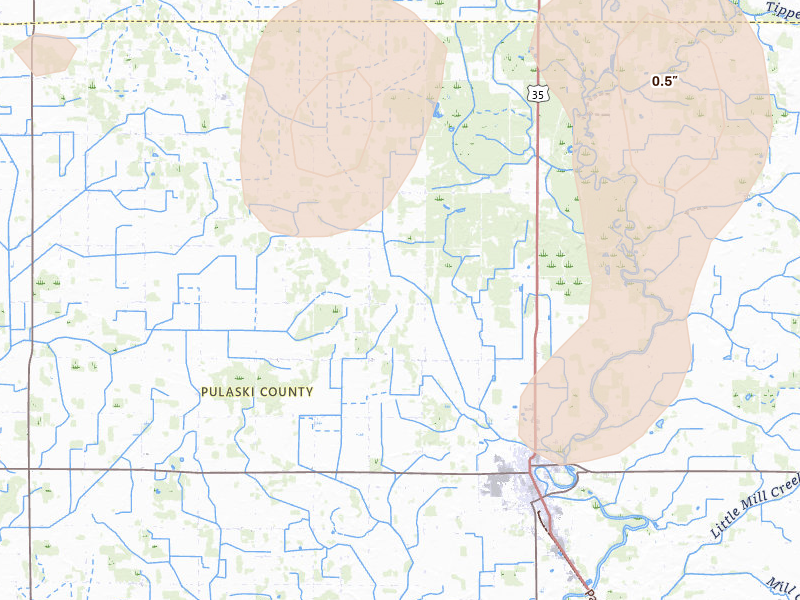 Radar-estimated hail-size map of the storm over Winamac, IN on Mar 26, 2026