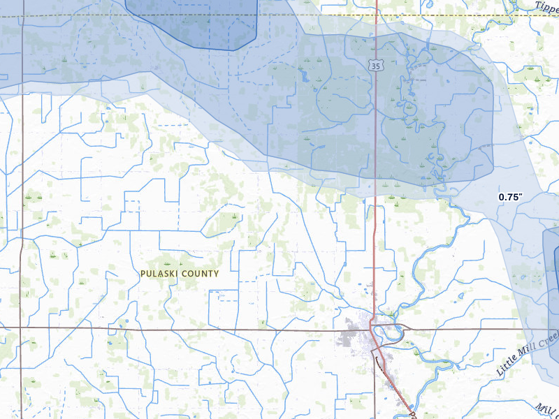 NEXRAD radar-signature map of the hail over Winamac, IN
