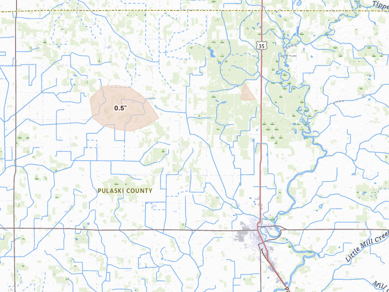 Radar-estimated hail-size map of the storm over Winamac, IN on Jun 6, 2026